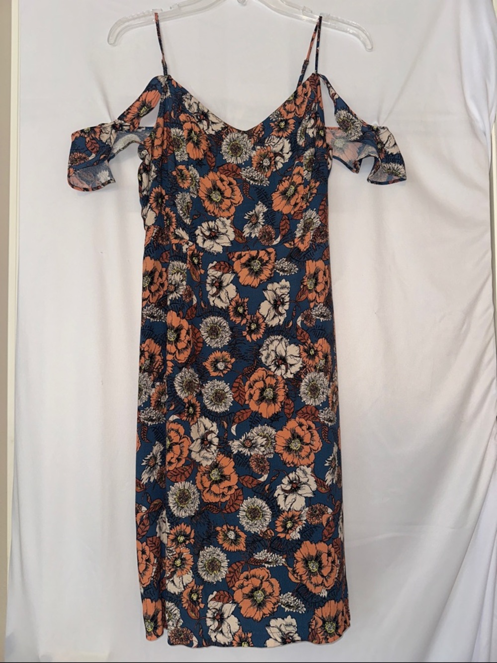 Astr Navy Cold-Shoulder Floral Midi Dress with Orange Blooms